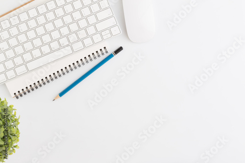 Flat lay photo of office desk with mouse and pencil on white background,Top view of pencil and office equipment
