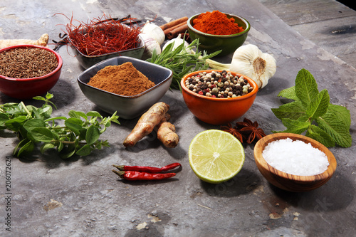 Spices and herbs on table. Food and cuisine ingredients.