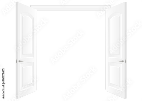 Open white double doors. Background in vector graphic. White wall