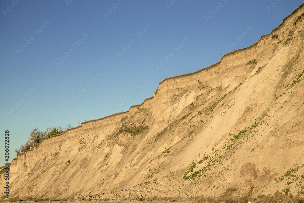 Sandy clay soil vertical breakage with plant roots and small isolated vegetation. Blue sky. Sea coast behind the shot