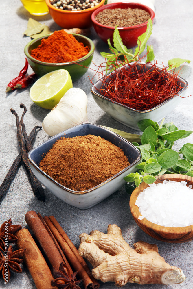 Spices and herbs on table. Food and cuisine ingredients.