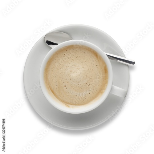 Isolated  cup of Cappuccino  shot from above on white.