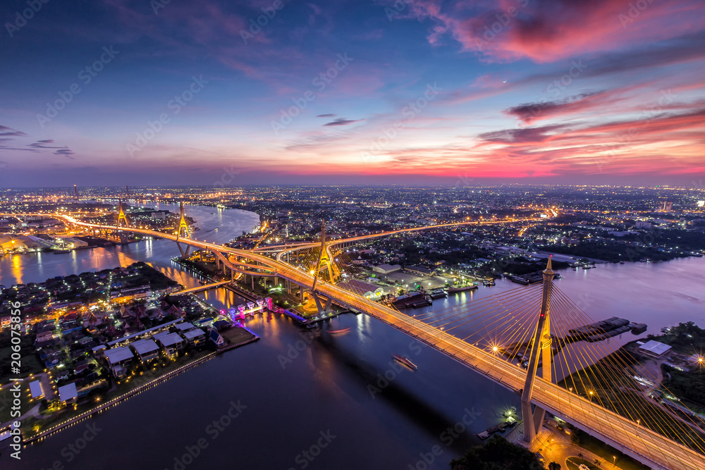 Bangkok city with beautiful sky at sunset. Bangkok's communications at twilight time, Thailand. 