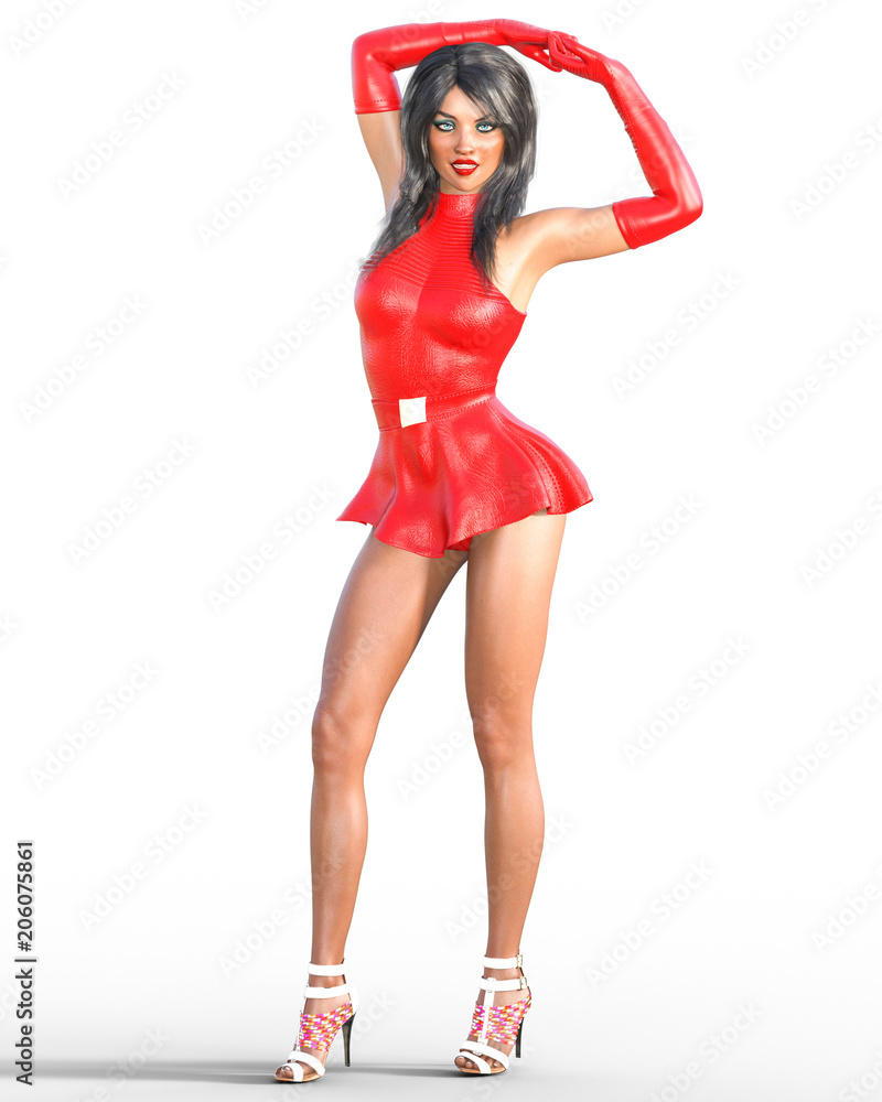 Woman in red leather dress. Short skirt. Bright makeup. Conceptual fashion art. Blue eyes. Seductive candid pose. Realistic 3D render illustration. Studio, Isolate, high key.
Woman in red leather dress. Short skirt. Bright makeup. Conceptual fashion art. Blue eyes. Seductive candid pose. Realistic 3D render illustration. Studio, Isolate, high key.