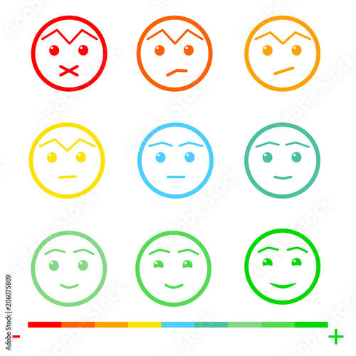 Nine Color Faces Feedback/Mood. Set nine faces scale - sad  neutral smile  - isolated vector illustration. Flat design. Vector illustration EPS10. 