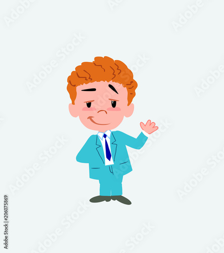 Businessman waving with a dreamy expression.