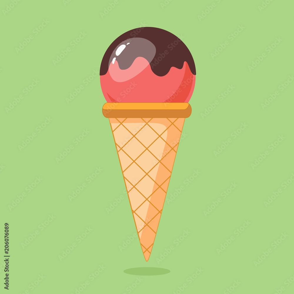Ice cream in wafer cone with chocolate. Vector isolated symbol of strawberry or raspberry berry and fruit ice cream scoop or sundae eskimo in crispy waffle for frozen dessert cafeteria or gelateria Ice cream in wafer cone with chocolate. Vector isolated symbol of strawberry or raspberry berry and fruit ice cream scoop or sundae eskimo in crispy waffle for frozen dessert cafeteria or gelateria