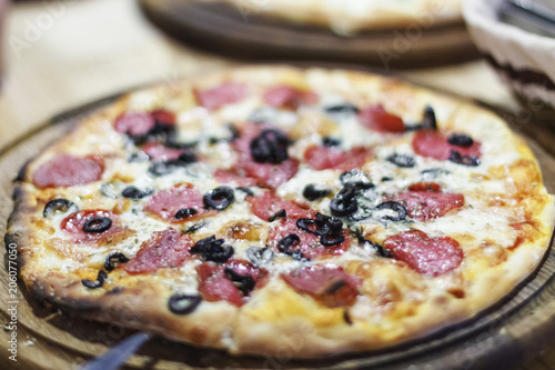 pizza, pizzerias, background image, blur, blurred frame, salami, photo