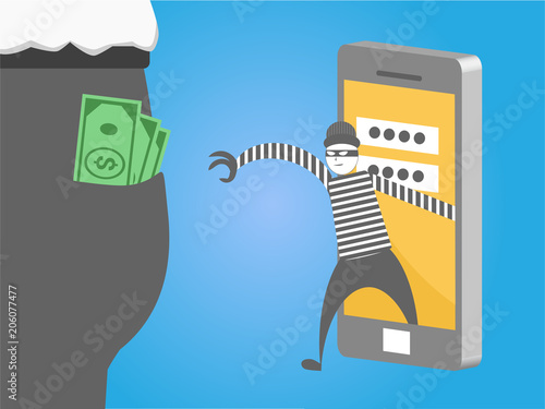 Hacker stealing money from smart phone for phishing and internet viruses. hacking internet social network