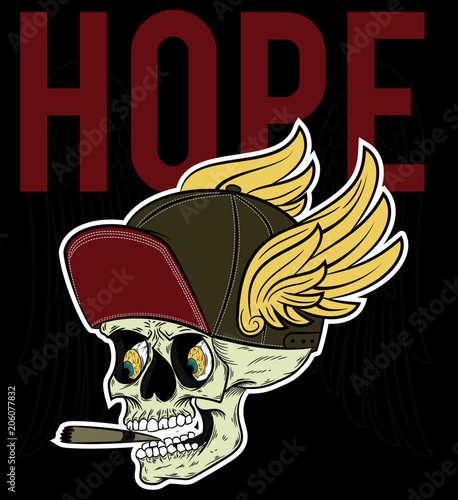 Ilustracion vector craneo con gorra y alas con textos