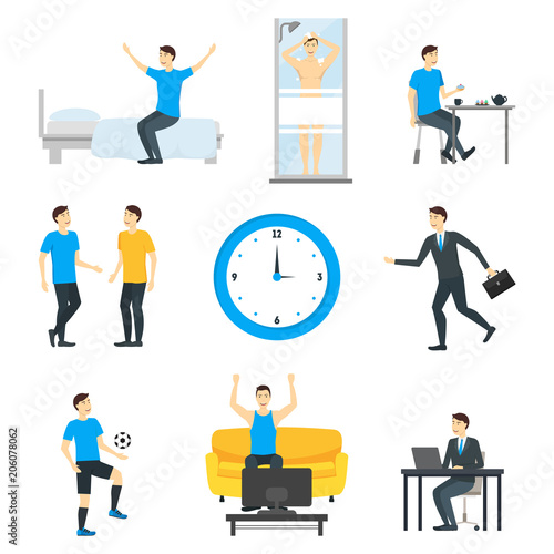 Cartoon Daily Routine Character Man. Vector
