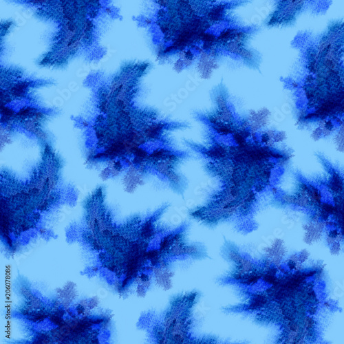 Blue splashes pattern. Watercolor abstract seamless pattern. Background with scattered blue splashes and stains. Hand painted optimal tile of loose expressive paint blots. 85.