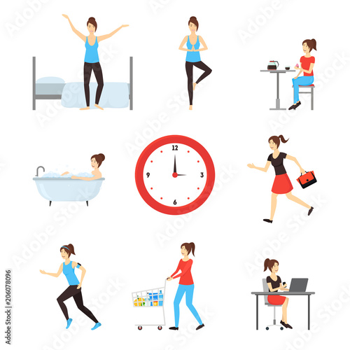 Cartoon Daily Routine Character Woman. Vector