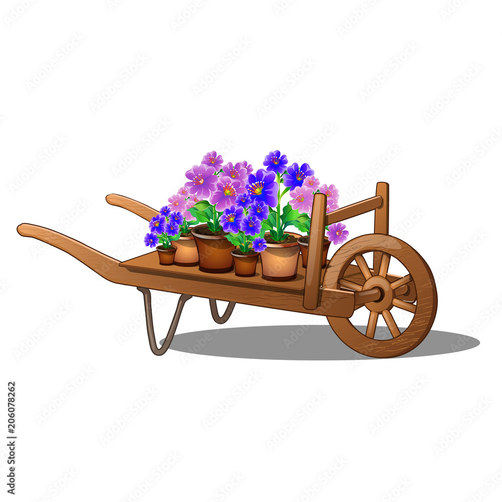 Wooden cart with potted flowers isolated on white background. Cartoon vector illustration close-up.