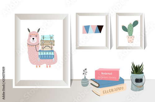 cute pastel frame with llama and cactus in scandinavian style