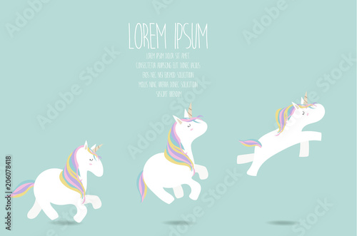 cute green pastel greeting card with unicorn and horse