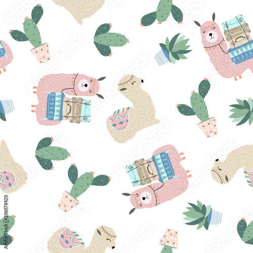 cute seamless pattern with llama and cactus in scandinavian style