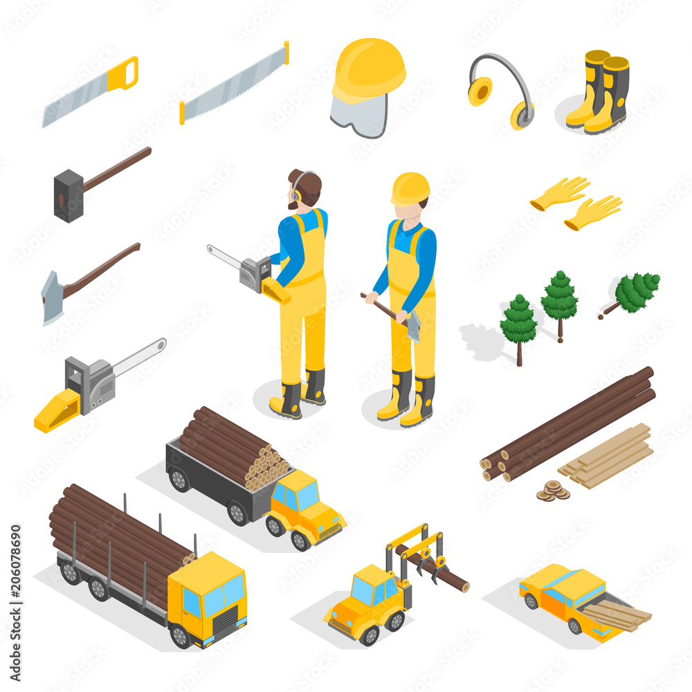 Lumberman Woodcutter Signs 3d Icons Set Isometric View. Vector Lumberman Woodcutter Signs 3d Icons Set Isometric View. Vector