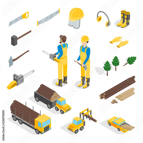 Lumberman Woodcutter Signs 3d Icons Set Isometric View. Vector