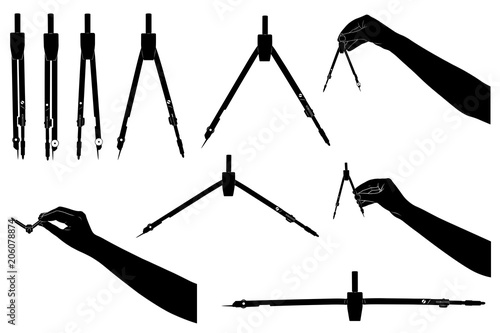 Set of different drawing compasses isolated on white