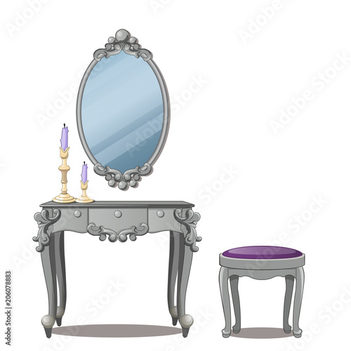 A vintage table for cosmetics and a mirror with frame, isolated on white background. Vector illustration.