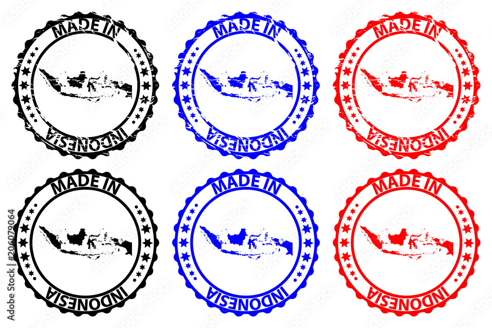 Made in Indonesia - rubber stamp - vector, Republic of Indonesia map pattern - black, blue and red Made in Indonesia - rubber stamp - vector, Republic of Indonesia map pattern - black, blue and red