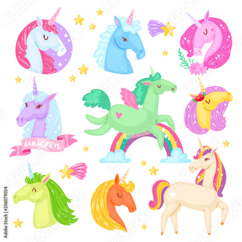 Unicorn vector cartoon kids character of girlish horse with horn and colorful ponytail in love illustration set of fantasy child ponytailed animal with wings isolated on white background