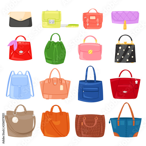 Woman bag vector girls handbag or purse and shopping-bag or clutch from fashion store illustration baggy set of shoppers bagged package isolated on background