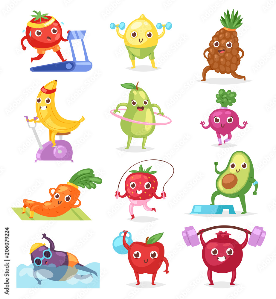 Fototapeta premium Fruits sportsman vector fruity expression of sporting cartoon character workout doing fitness exercises illustration set of vegetables with funny apple banana in sport isolated on white background