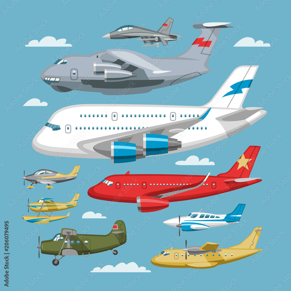 Plane vector aircraft or airplane and jet flight transportation in sky illustration aviation set of aeroplane or airliner and airfreighter cargo isolated on background