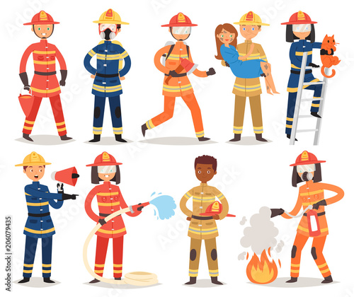 Firefighter vector cartoon fireman character firefighting fire with firehose hydrant and fire extinguisher equipment illustration set of man or woman in helmet isolated on white background