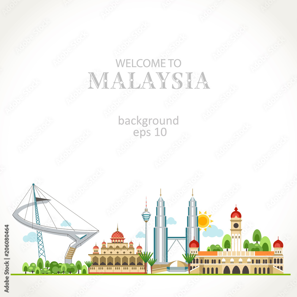 Malaysian panorama landmark architecture buildings cultural sights view vector illustration