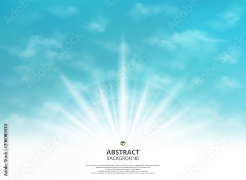 Abstraction of summer sun light effect on soft gradient green blue sky with clouds radiance background. Presenting with space of message.