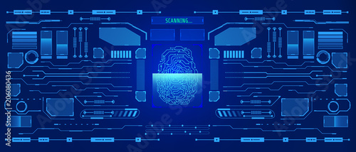 HUD Visualization Communication Interface Control Panel Vector Background. Abstract Fingerprint Scanning Element Illustration Dashboard Template.