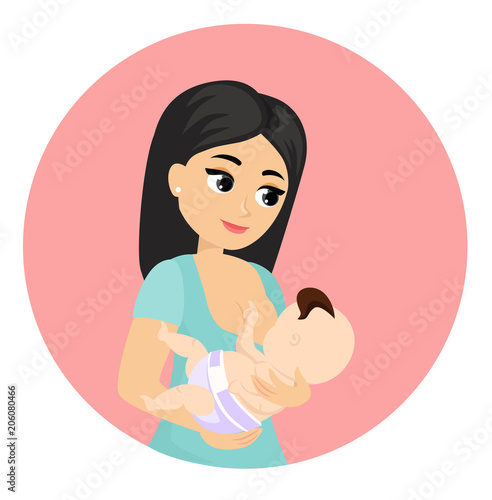 Vector illustration of mother feeds baby with breast, breastfeeding position. Cute cartoon character mother feeding baby, breastfeeding concept in flat style.