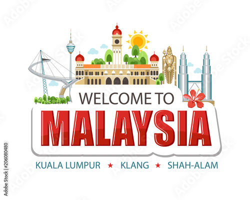 Malaysia emblem lettering sights symbols culture landmark architecture building illustration 