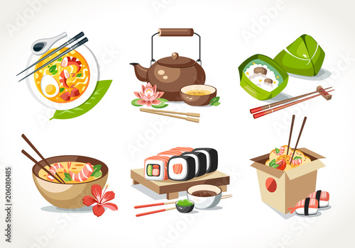 Asian kitchen food laksa soup tea pot ceremony zongzi sushi noodles chinese japanese thai dishes
