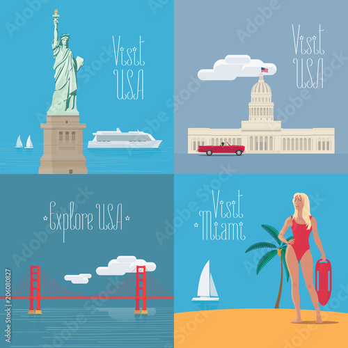 Set of vector illustrations with American symbols