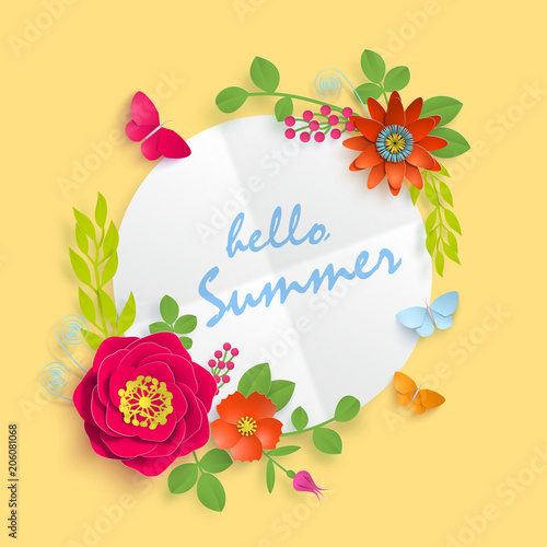 Hello summer banner template for advertising, invitation or poster sale with paper art flowers background. Vector stock illustration