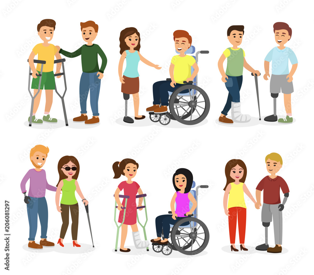 Vector illustration set of disabled people and friends helping them, talking,  walking and smiling happy people in cartoon flat style. Stock Vector |  Adobe Stock