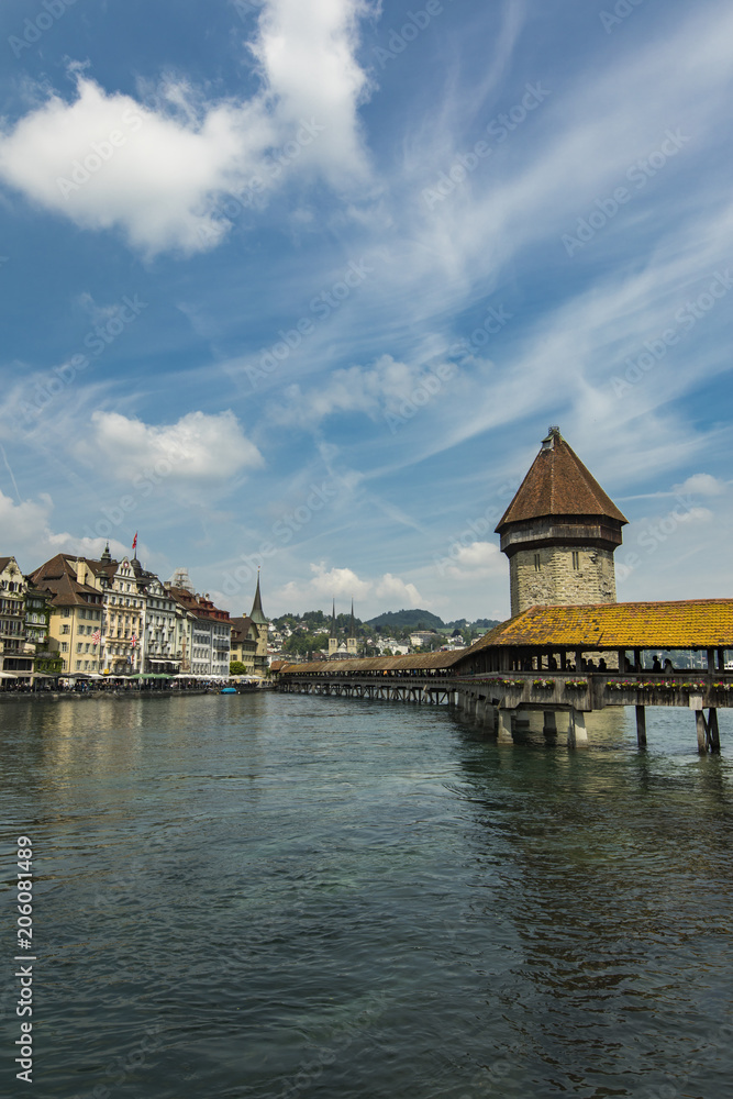 Chapel bridge and Water tower on Reuss river in Lucerne