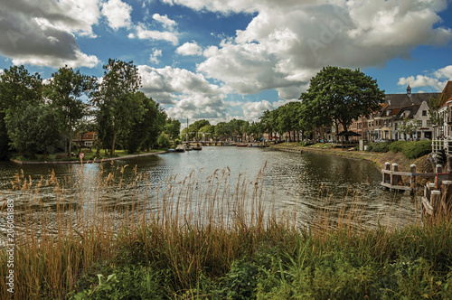 Wide river with grove, green bushes, brick houses in the background and sunny blue sky at Weesp. Quiet and pleasant village full of canals and green near Amsterdam. Northern Netherlands.