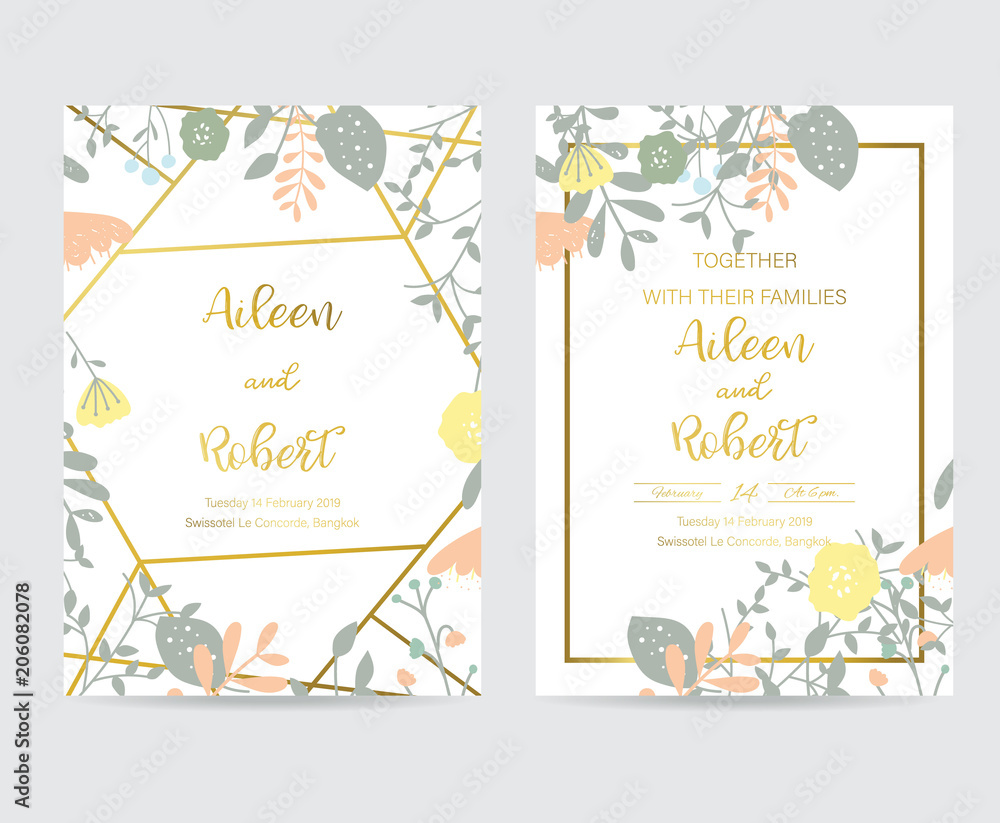 Geometry gold wedding invitation card with flower,leaf and frame