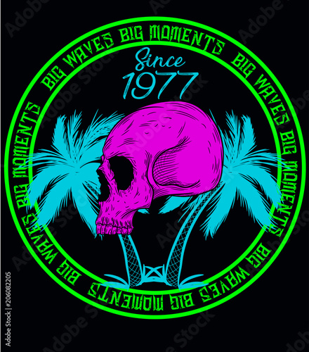 ilustracion vector craneos con palmeras en el inferior y textos