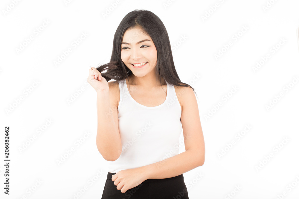 Beautiful Attractive Asian woman smile and touching smooth hair feeling so happiness with healthy skin,Isolated on white background,Beauty Haircare Concept Beautiful Attractive Asian woman smile and touching smooth hair feeling so happiness with healthy skin,Isolated on white background,Beauty Haircare Concept