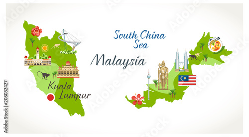 Malaysian map with sights landmark located on it buildings flora symbols buddha statue