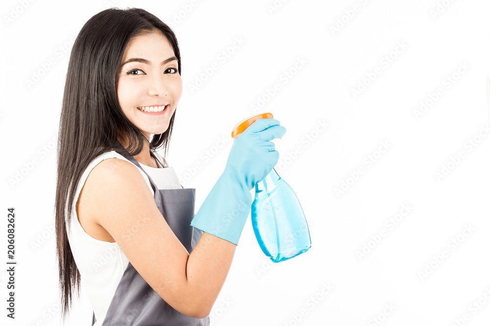 Beautiful Attractive Asian Maid Woman smile and holding cleaner spray feeling happiness and confident,Isolated on white background,Cleaning Service Concept Beautiful Attractive Asian Maid Woman smile and holding cleaner spray feeling happiness and confident,Isolated on white background,Cleaning Service Concept
