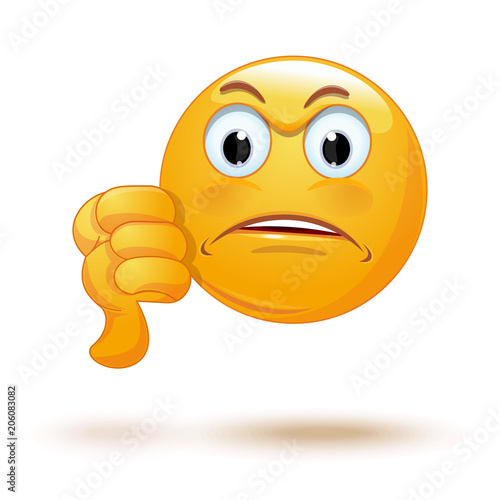 Emoticon showing thumbs down. Dislike sign. Angry smiley. Sad emoji. Vector illustration