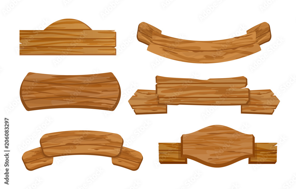 Vector illustration set of blank or empty, wooden planks or sign boards for store. Old retro style banners with signs for messages in flat style. Vector illustration set of blank or empty, wooden planks or sign boards for store. Old retro style banners with signs for messages in flat style.