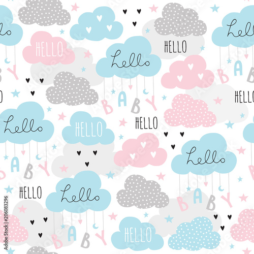 seamless hello baby clouds pattern vector illustration
